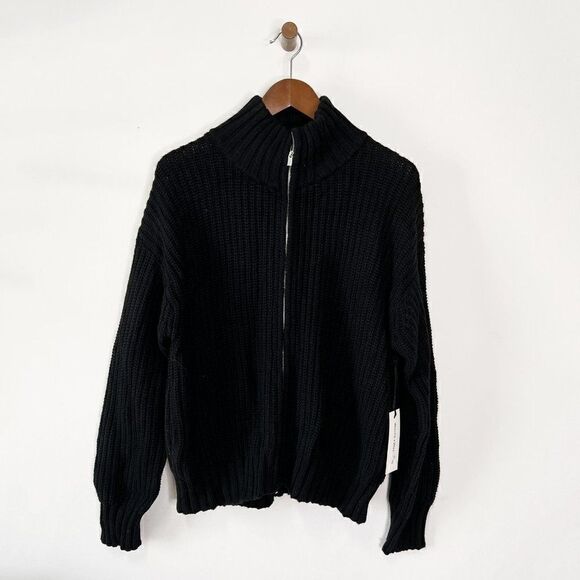 NEW White + Warren Black Chunky Knit Zip High Neck Cardigan Sweater - Picture 1 of 10